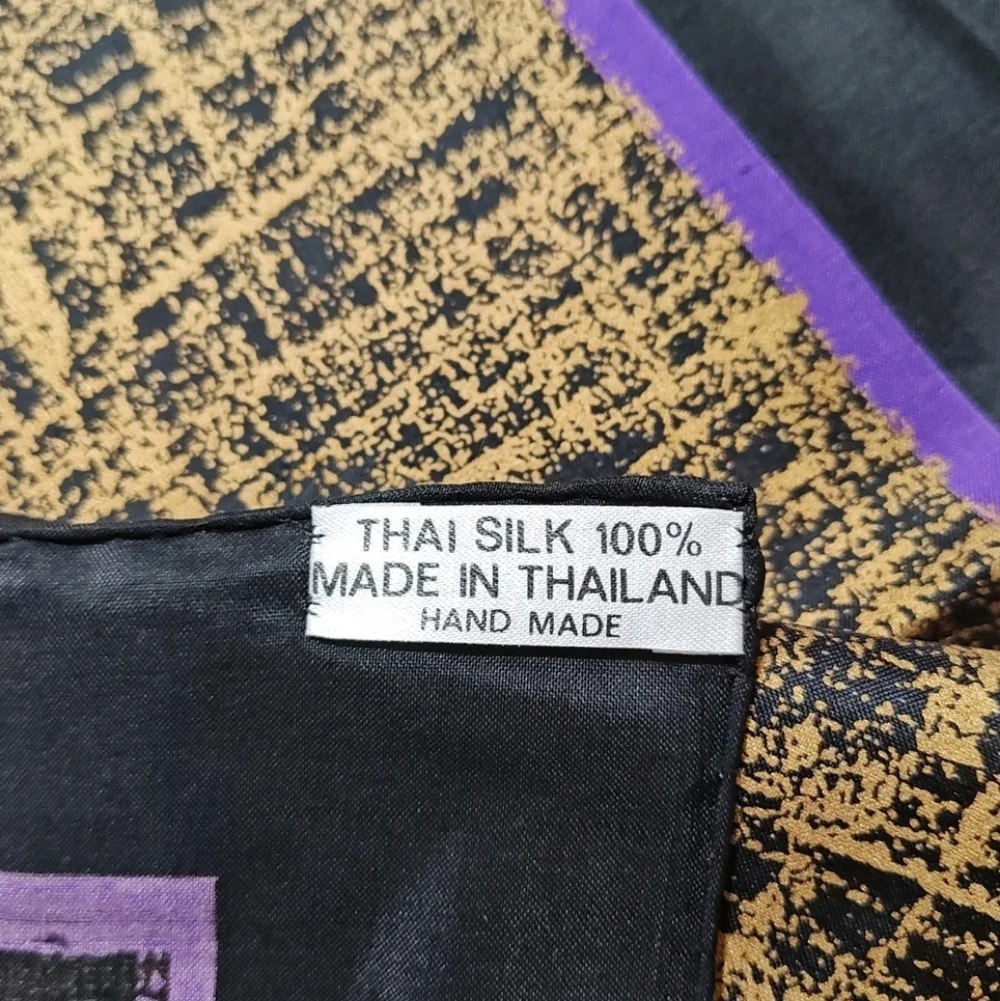 VTG Handmade Thailand Silk Scarf Black Red Lotus Artsy Boho Cottage Granny 34